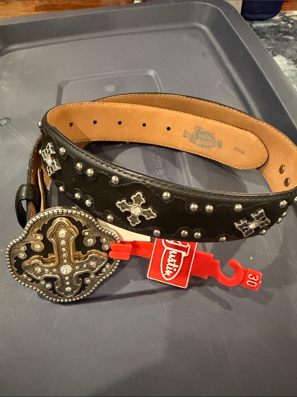 Justin Boots Black Leather Studded Belt with Decorative Cross Buckle